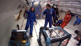 Studierende bei Experimenten in der Schwerelosigkeit bei einem Parabelflug.